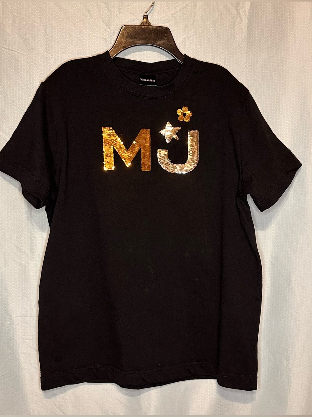 Marc Jacobs Women’s Black Tee with Gold and Silver Sequin MJ Logo Large